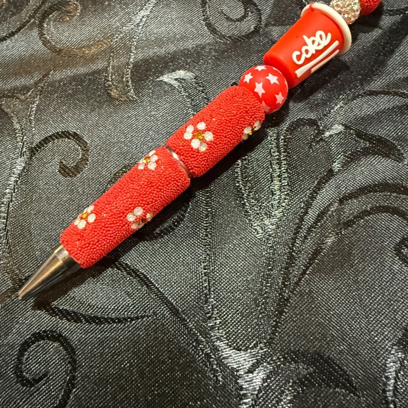 Coca Cola Red Beaded Pen with White Floral and Star Accents - Picture 3 of 3